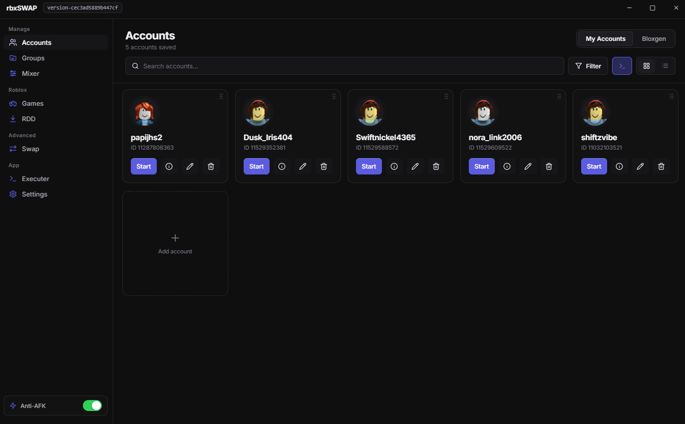 The rbxSWAP desktop app showing the accounts page with account cards, presence status and launch controls